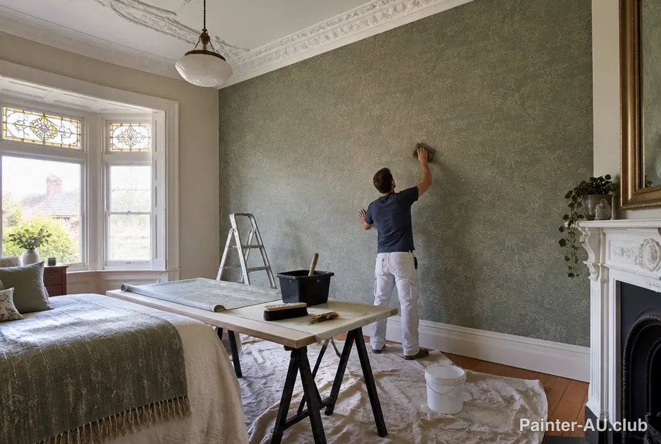 A decorator smoothing textured wallpaper on a bedroom feature wall in a Federation home
