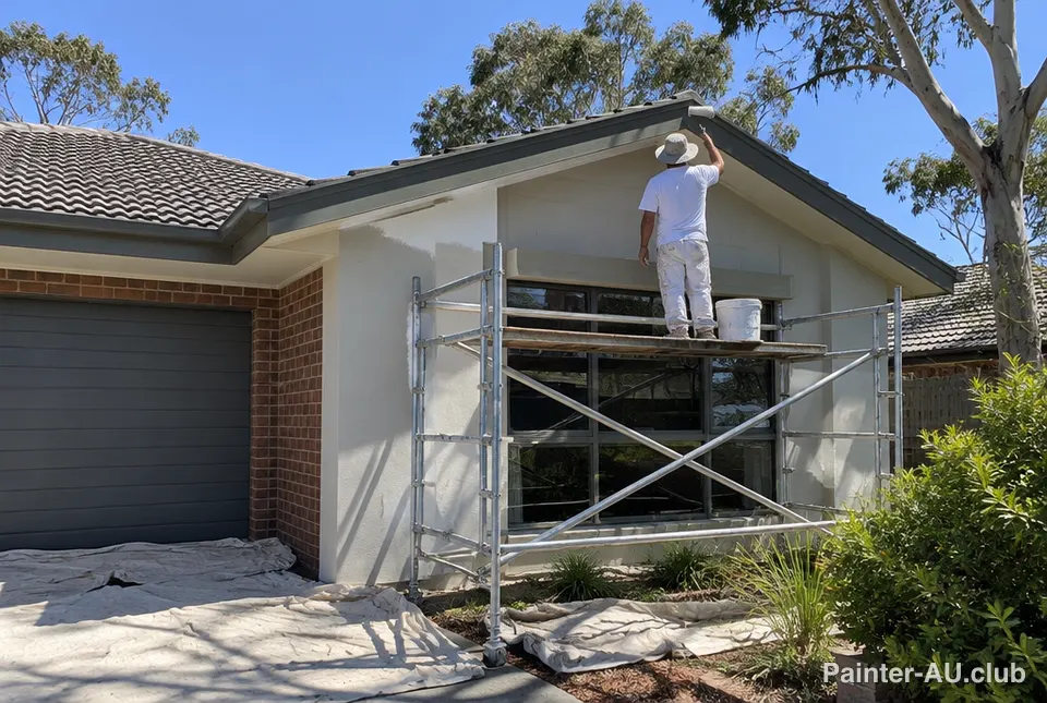 A painter on scaffolding repainting the rendered front of a single storey brick home