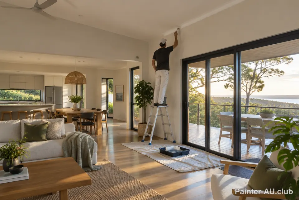 A painter cutting in along the ceiling of a bright open-plan living room