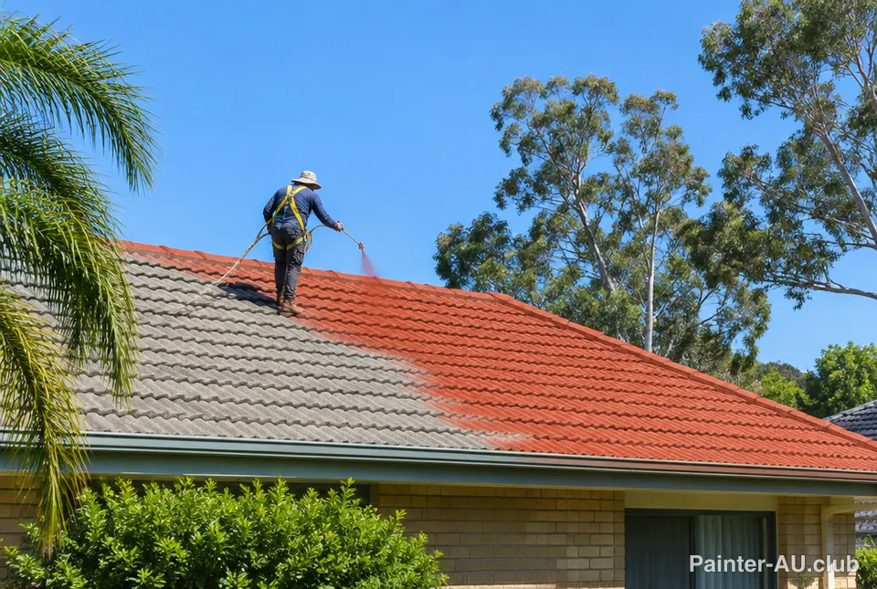A worker in a harness spraying a fresh terracotta coating on a concrete tile roof